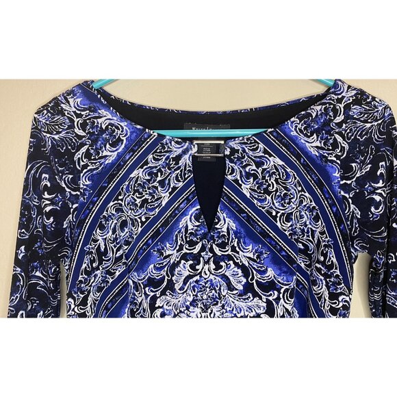 White House Black Market Blue/Black Floral Keyhole Neck Belted Dress Size XXS - Picture 5 of 11